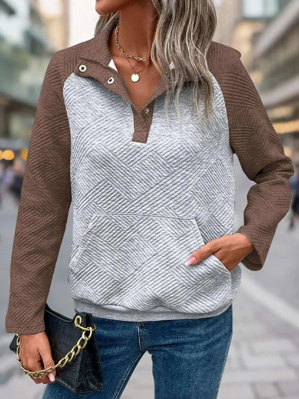 Contrast Textured Long Sleeve Sweatshirt - Trendsi - Flyclothing LLC