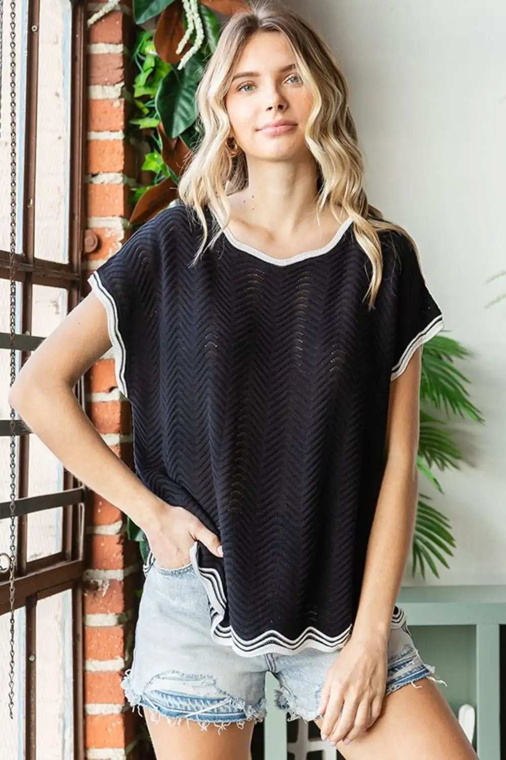 First Love Full Size Contrast Wavy Crochet Drop Shoulder Knit Top - Trendsi - Flyclothing LLC
