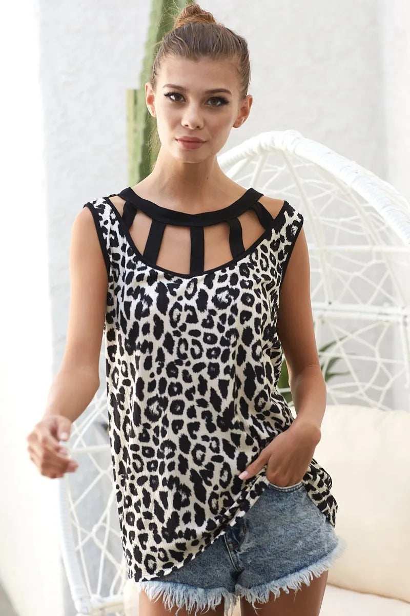 BiBi Leopard Printed Soft Rib Knit Front Sut Out Top - Trendsi - Flyclothing LLC
