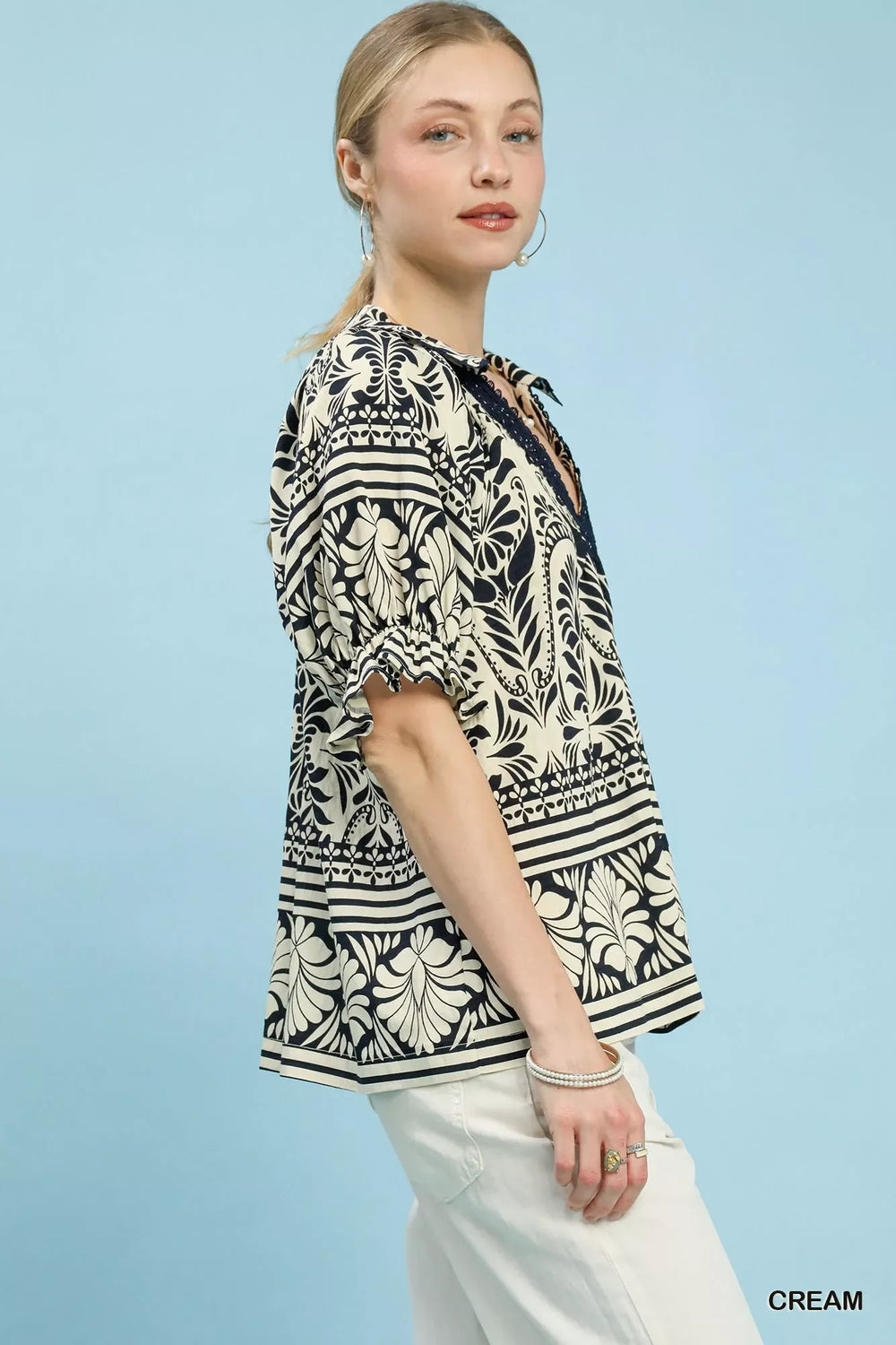 Umgee Two Tone Boarder Print Top - Trendsi - Flyclothing LLC