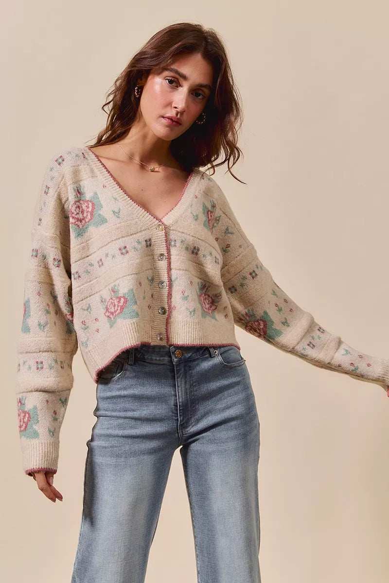 SO ME Floral Pattern Long Sleeve Button Sweater Cardigan - Trendsi - Flyclothing LLC