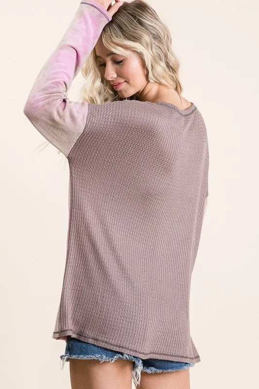BiBi Thermal Waffle Color Block Top with Tie Dye - Trendsi - Flyclothing LLC