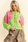 Davi & Dani Flower Contrast Round Neck Long Sleeve Cardigan - Trendsi - Flyclothing LLC