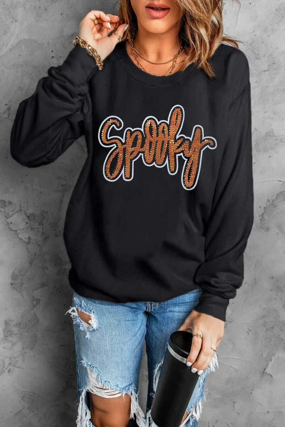 SPOOKY Rhinestone Round Neck Long Sleeve Sweatshirt - Trendsi - Flyclothing LLC
