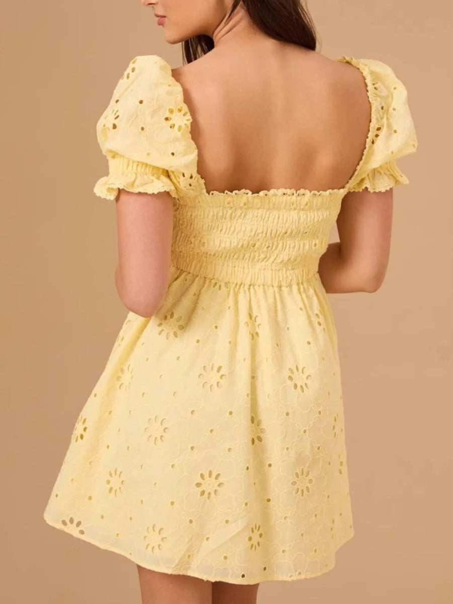 Eyelet Puff Sleeve Smocked Mini Dress - Trendsi - Flyclothing LLC