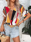 Printed V-Neck Short Sleeve Blouse - Trendsi - Flyclothing LLC