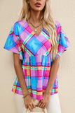 Plaid V-Neck Short Sleeve Blouse - Trendsi - Flyclothing LLC