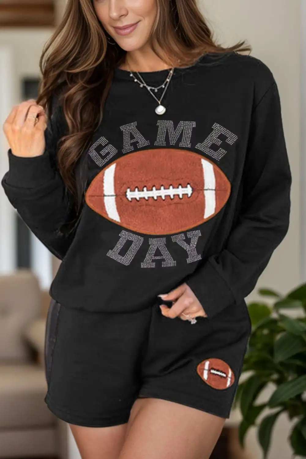 GAME DAY Football Round Neck Long Sleeve Top and Shorts Set - Trendsi - Flyclothing LLC