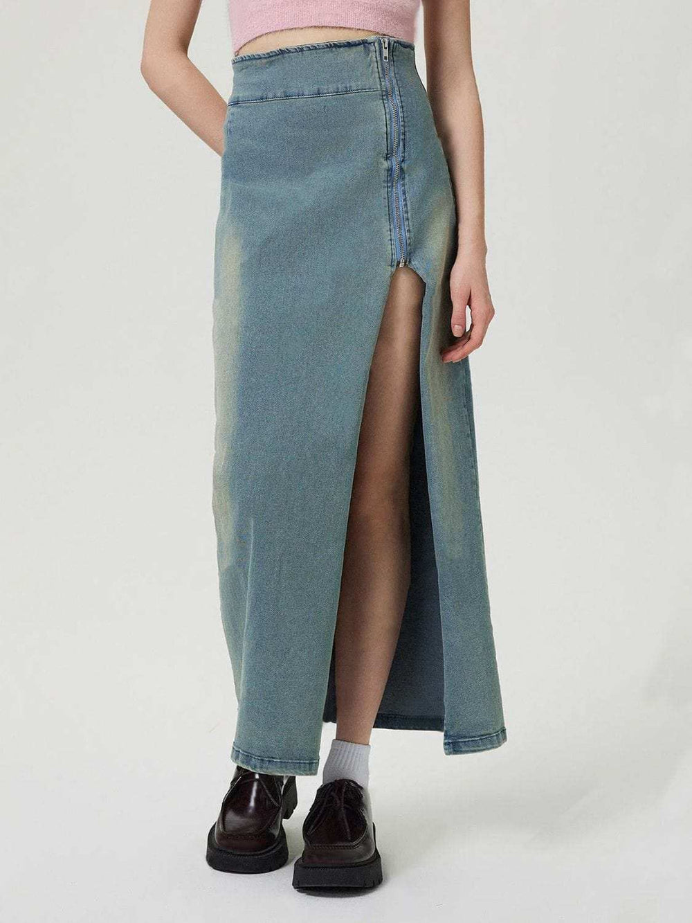 Slit Denim Skirt with Zip - Trendsi - Flyclothing LLC