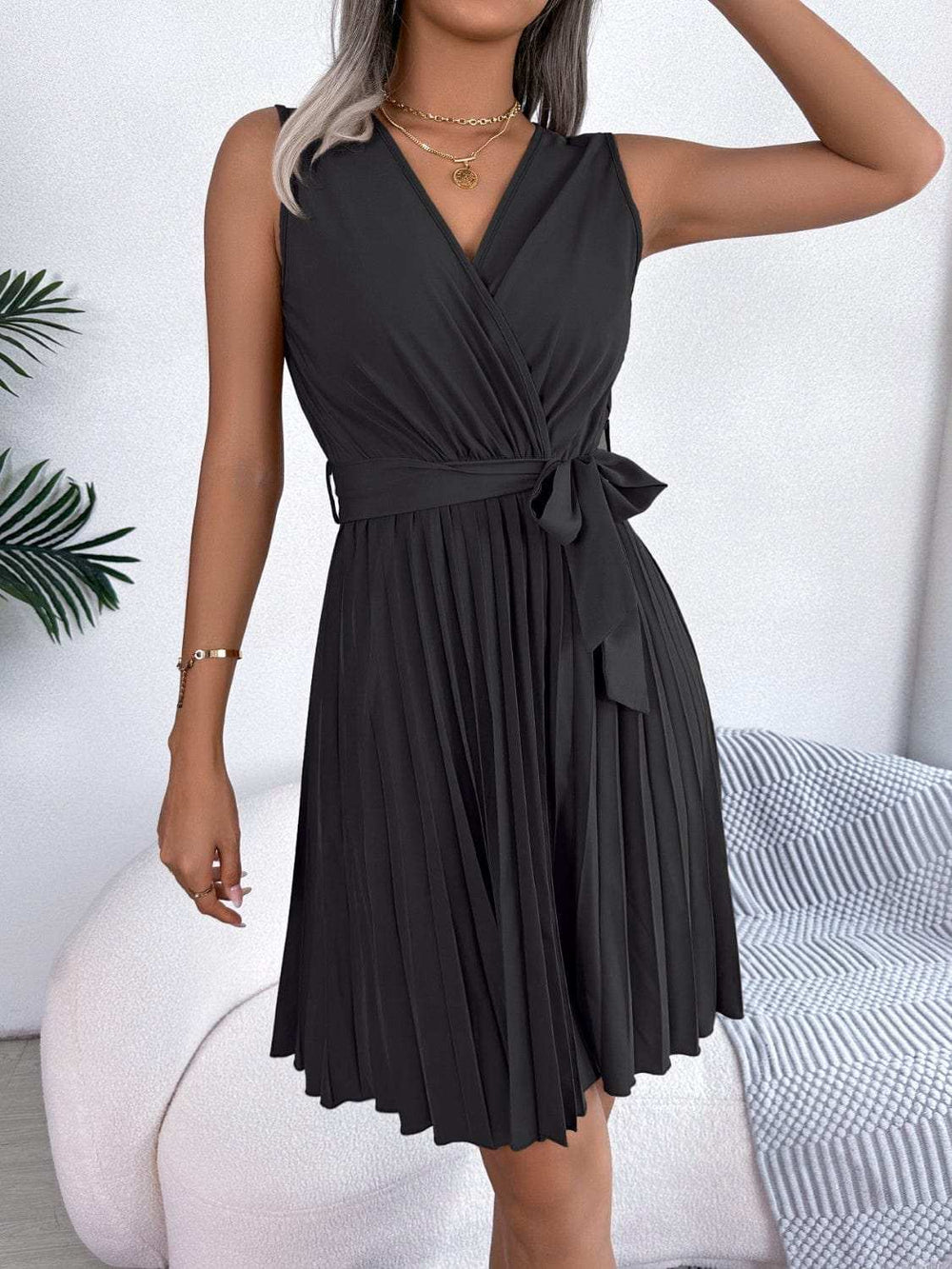 Tied Surplice Sleeveless Pleated Dress - Trendsi - Flyclothing LLC