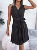 Tied Surplice Sleeveless Pleated Dress - Trendsi - Flyclothing LLC