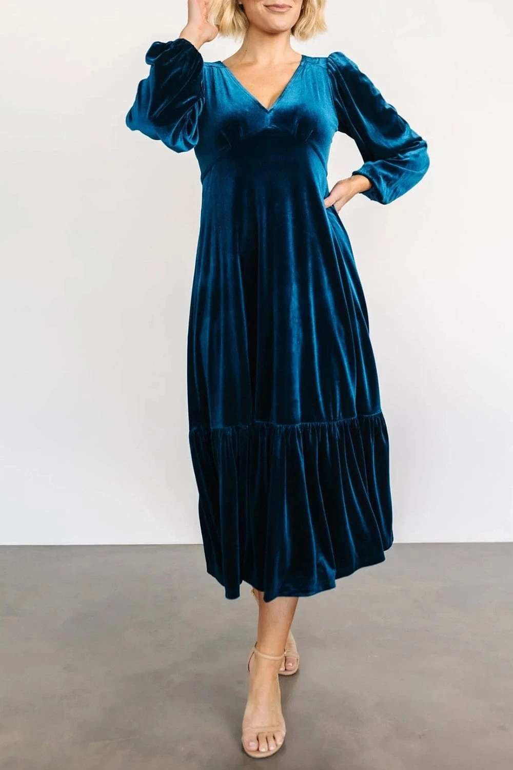 V-Neck Long Sleeve Midi Velvet Dress - Trendsi - Flyclothing LLC