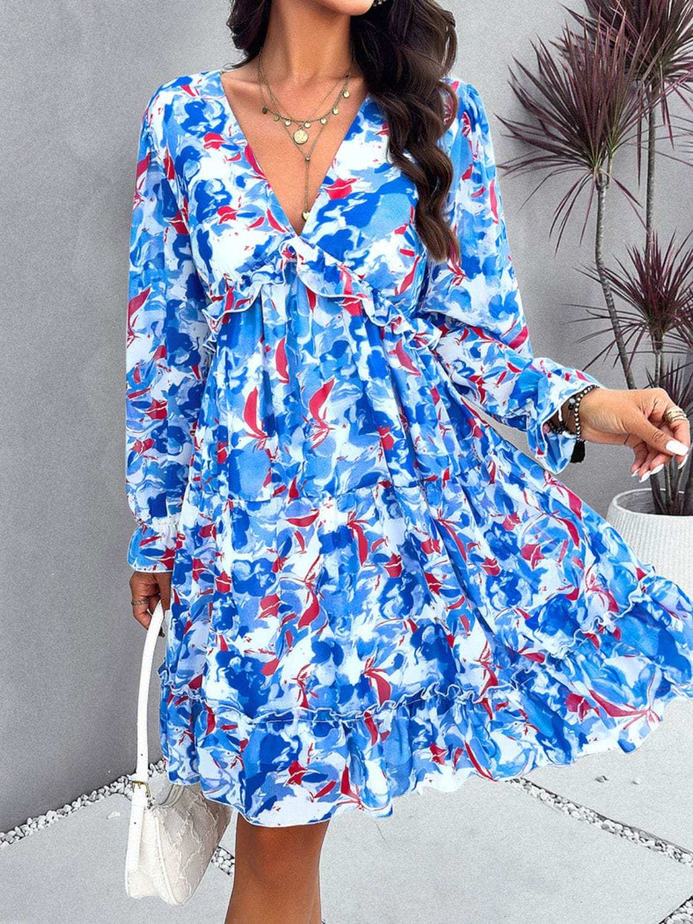 Backless Printed V-Neck Flounce Sleeve Dress - Trendsi - Flyclothing LLC