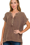 Zenana Washed Double Gauze 3/4 Button Henley Neck Shirt - Trendsi - Flyclothing LLC