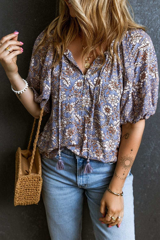 Printed Tie Neck Half Sleeve Blouse - Trendsi - Flyclothing LLC