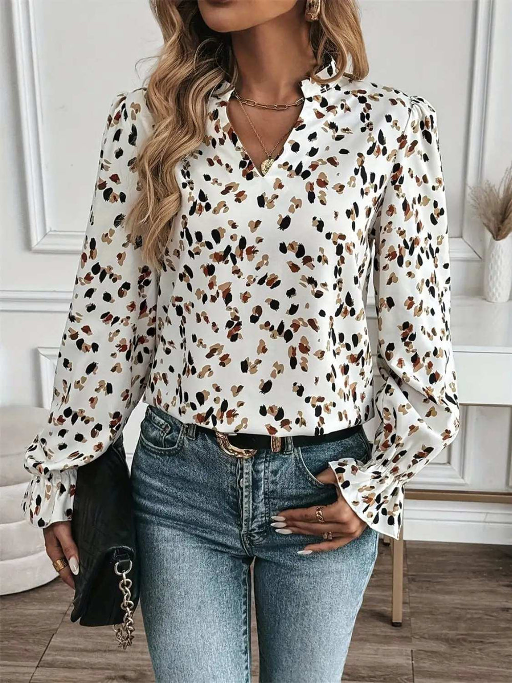 Printed Notched Flounce Sleeve Blouse - Trendsi - Flyclothing LLC