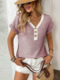 Striped V-Neck Short Sleeve T-Shirt - Trendsi - Flyclothing LLC