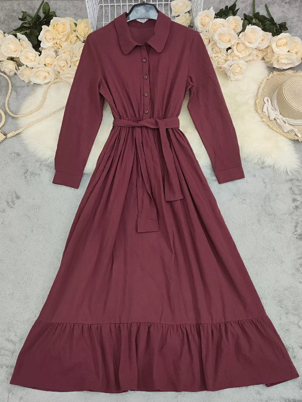 Tie Waist Long Sleeve Ruffled Hem Dress - Trendsi - Flyclothing LLC