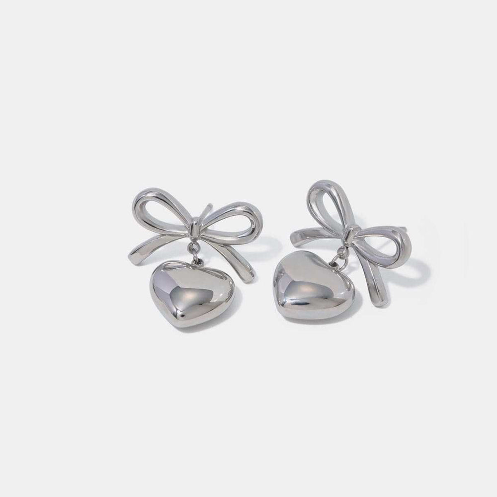 Stainless Steel Bow & Heart Drop Earrings - Trendsi - Flyclothing LLC