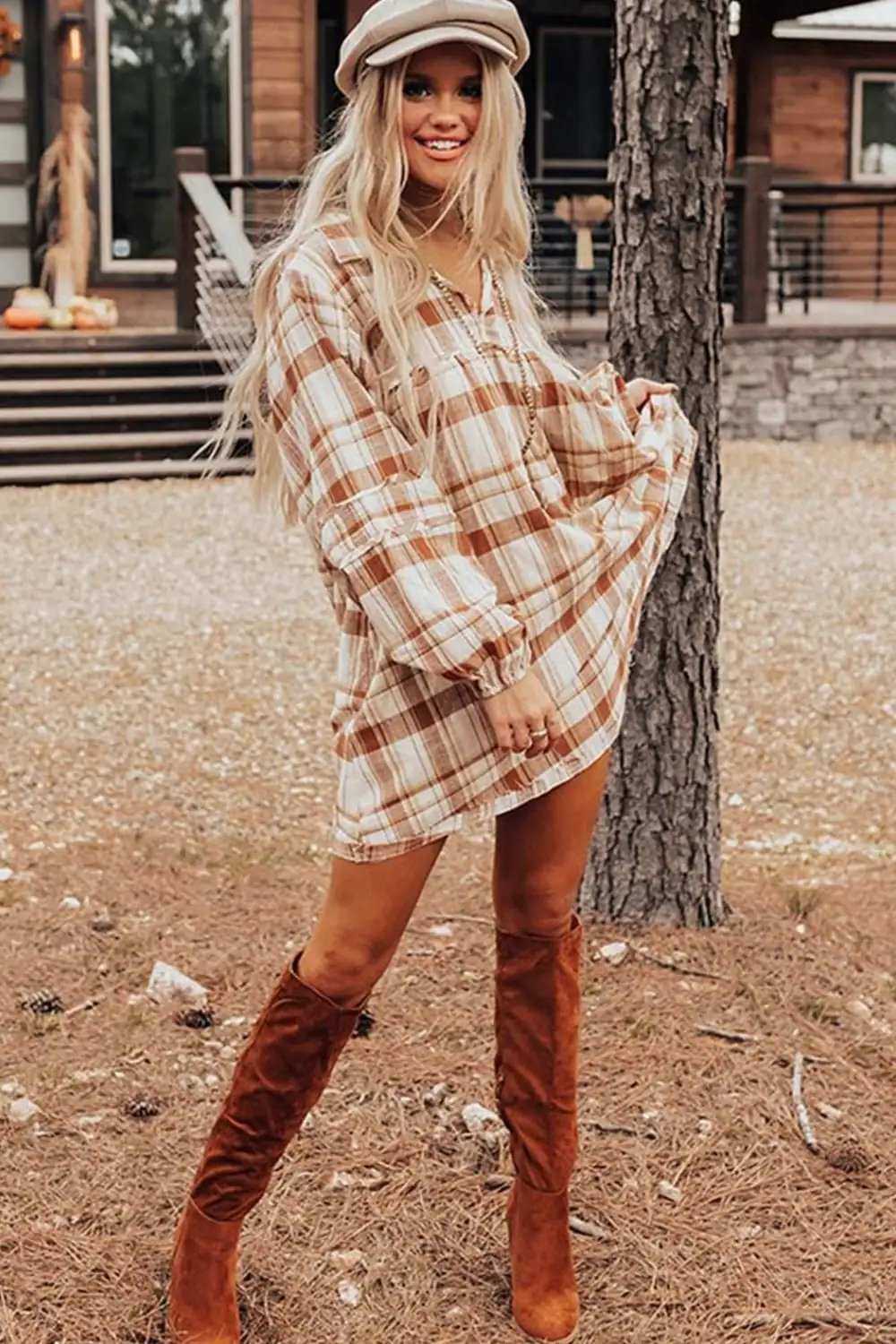 Plaid Collared Neck Long Sleeve Mini Shirt Dress - Trendsi - Flyclothing LLC