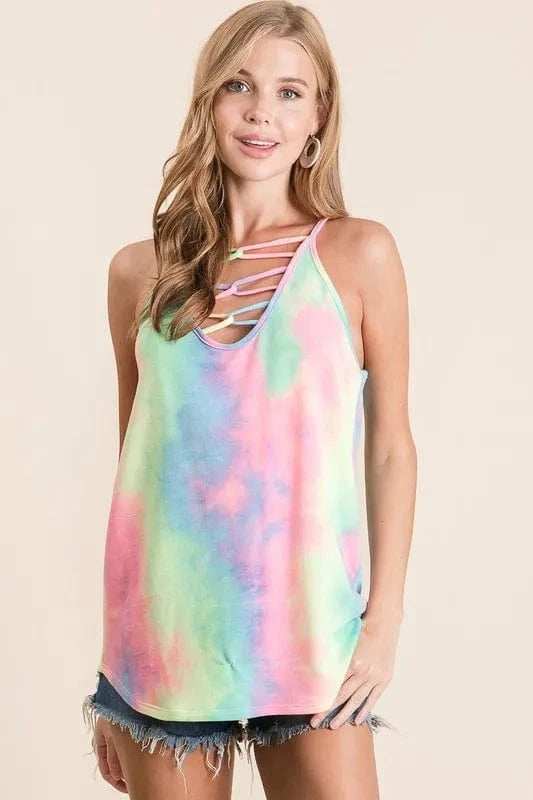BiBi Tie Dye Terry Caged Neck Knit Camisole - Trendsi - Flyclothing LLC