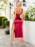 Split Ruched Satin Zip Back Midi Cami Dress - Trendsi - Flyclothing LLC