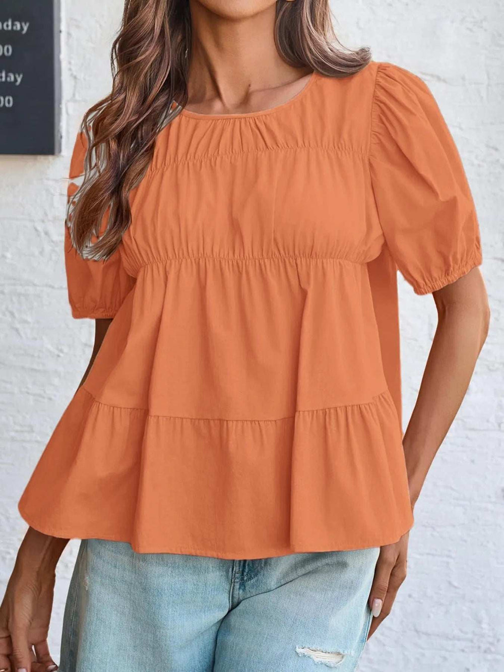 Round Neck Puff Sleeve Tiered Blouse - Trendsi - Flyclothing LLC