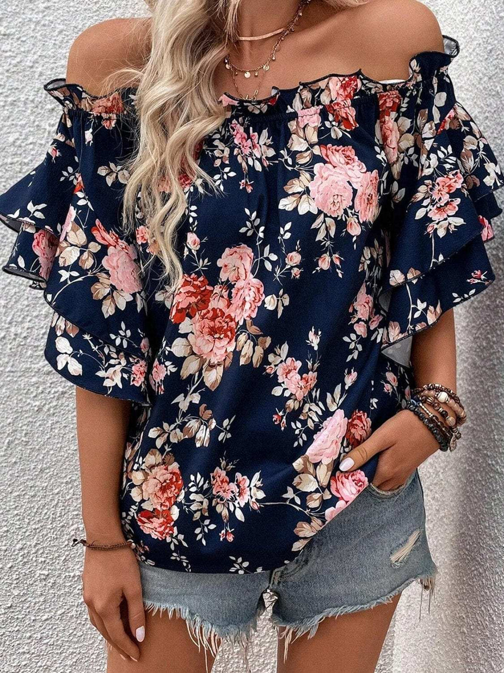 Printed Off-Shoulder Flounce Sleeve Blouse - Trendsi - Flyclothing LLC