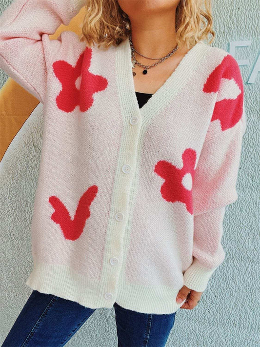 Flower Button Down V-Neck Long Sleeve Cardigan - Trendsi - Flyclothing LLC