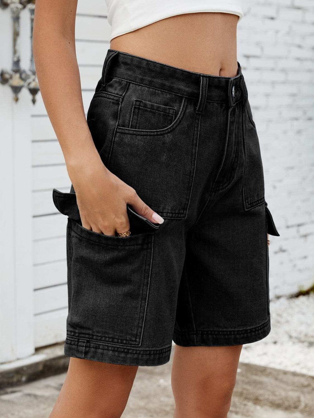High Waist Denim Shorts with Cargo Pockets - Trendsi - Flyclothing LLC