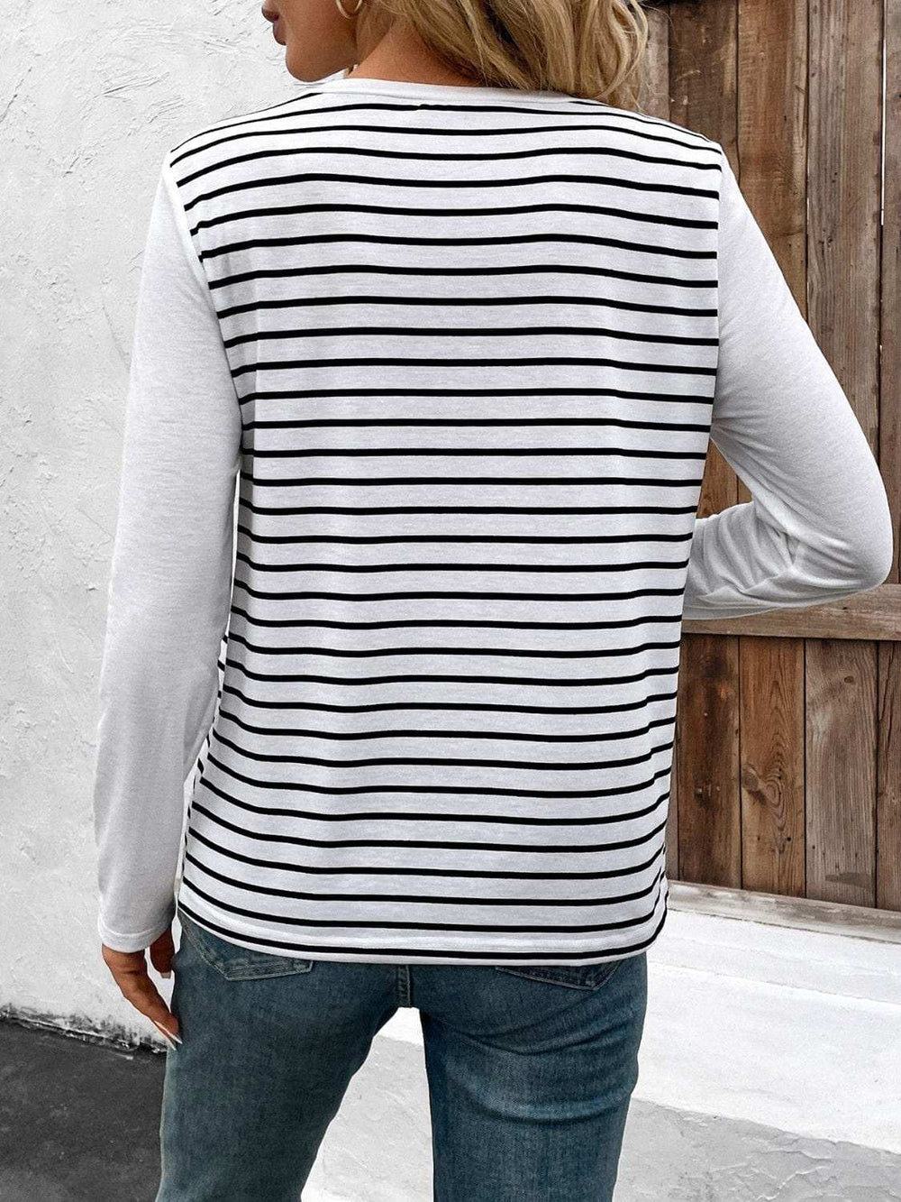 Decorative Button Striped Round Neck Long Sleeve T-Shirt - Trendsi - Flyclothing LLC