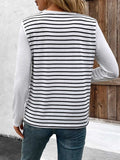 Decorative Button Striped Round Neck Long Sleeve T-Shirt - Trendsi - Flyclothing LLC
