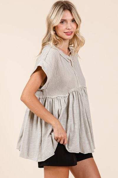 Mittoshop Mixed Media Mineral Wash Babydoll Short Sleeve Blouse - Trendsi - Flyclothing LLC