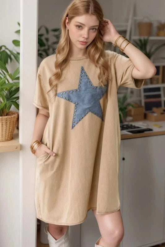 Mineral Wash Stud Beaded Star Pocketed T Shirt Dress - Trendsi - Flyclothing LLC