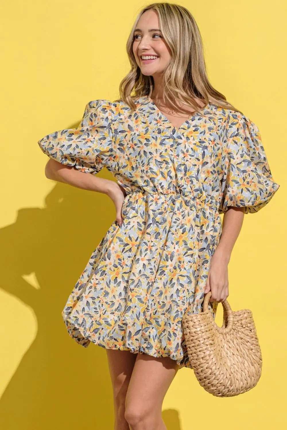 And The Why Full Size Floral Surplice Puff Sleeve Dress - Trendsi - Flyclothing LLC