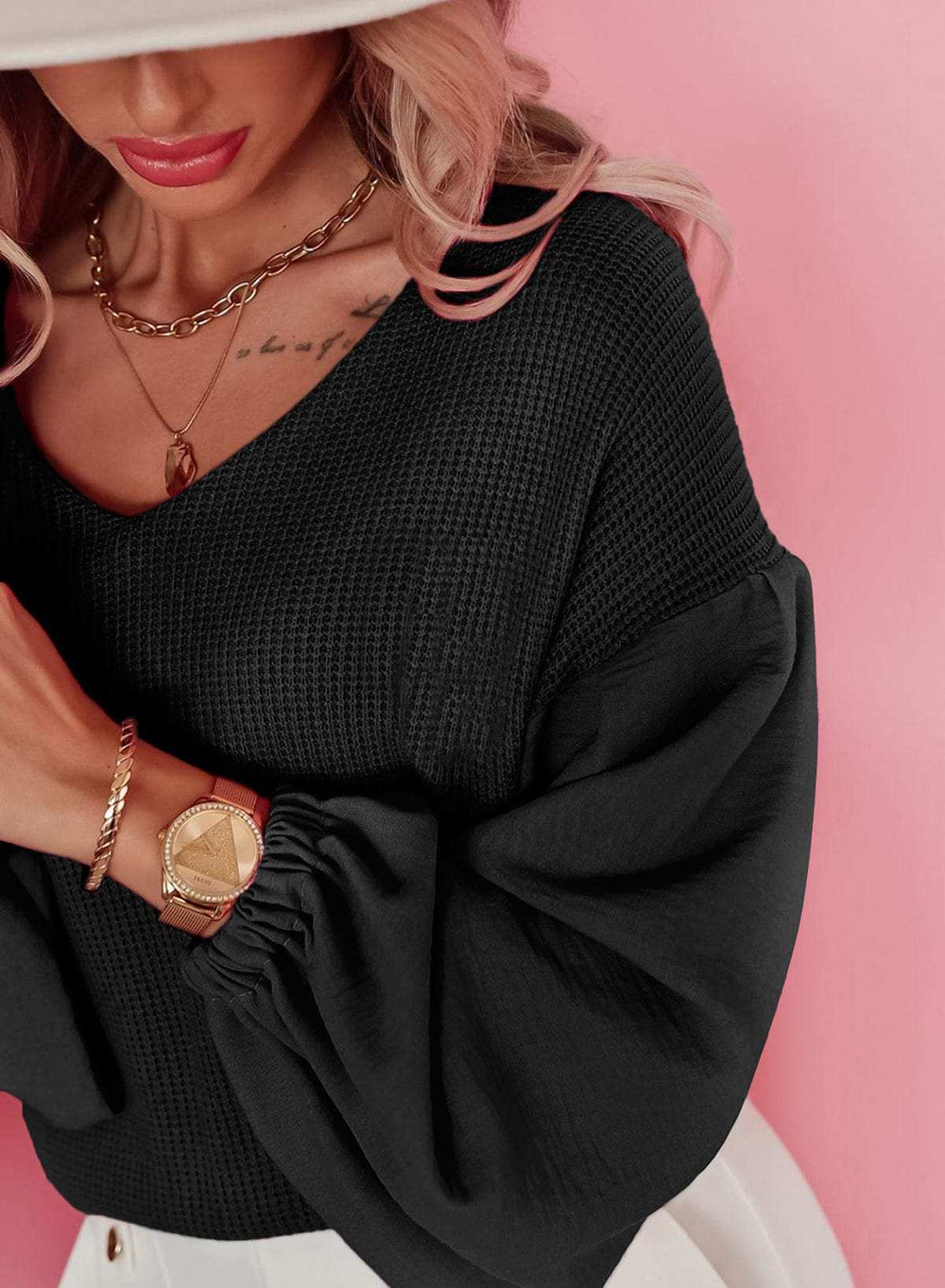 Waffle-Knit V-Neck Long Sleeve Blouse - Trendsi - Flyclothing LLC