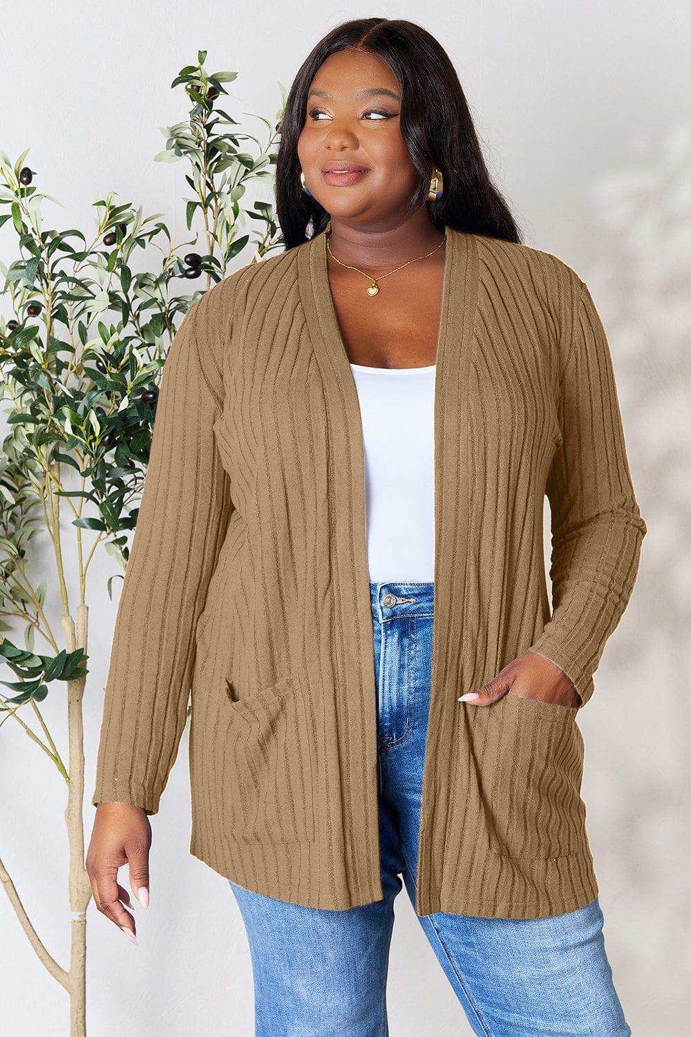 Basic Bae Full Size Ribbed Open Front Cardigan with Pockets - Trendsi - Flyclothing LLC