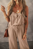 Knotted Straps Button Textured Drawstring Jumpsuit - Trendsi - Flyclothing LLC