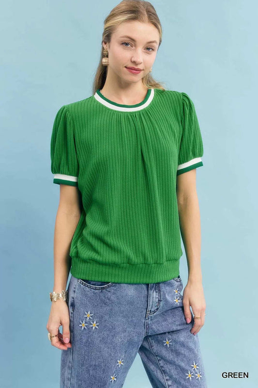 Umgee Puff Sleeve Knit Top with Contrast Rib Trim - Trendsi - Flyclothing LLC