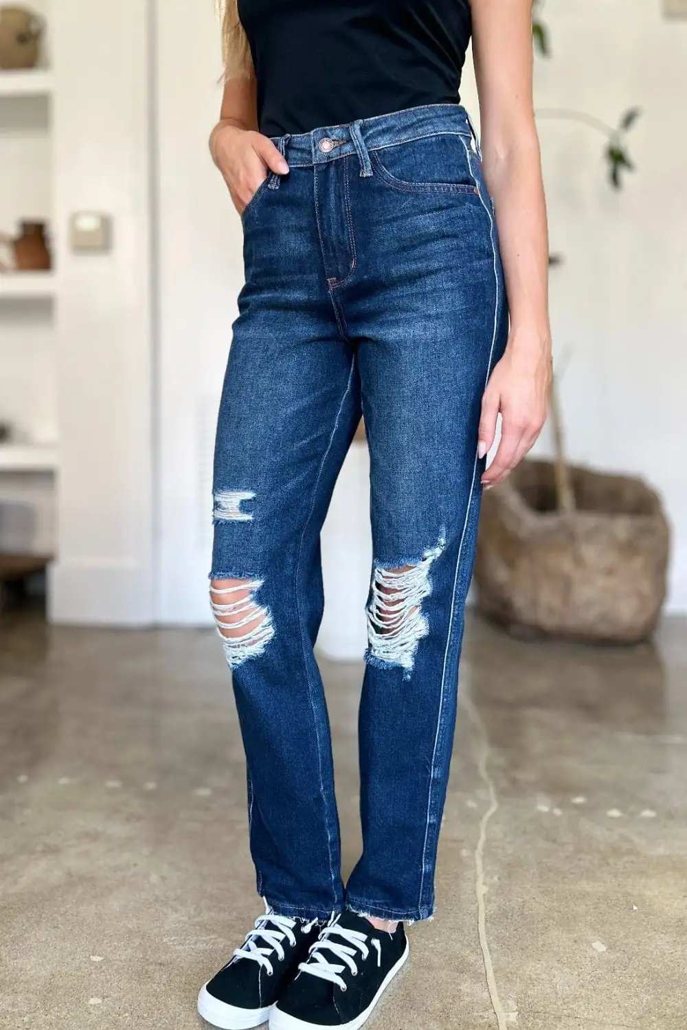 Judy Blue Full Size High Waist Rigid Magic Heavy Destroy Straight Jeans - Trendsi - Flyclothing LLC