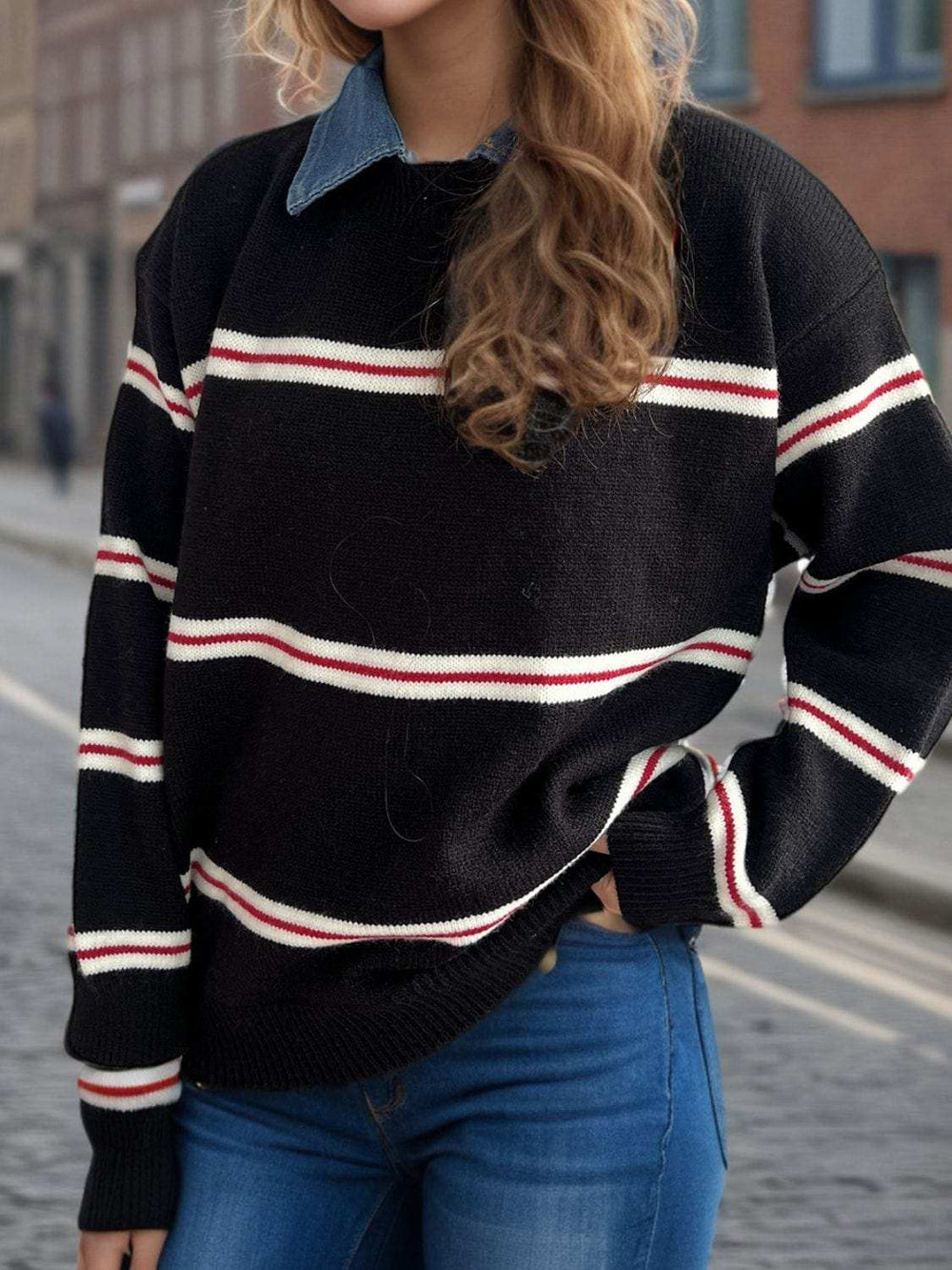 Contrast Stripes Round Neck Long Sleeve Sweater - Trendsi - Flyclothing LLC
