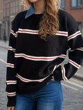 Contrast Stripes Round Neck Long Sleeve Sweater - Trendsi - Flyclothing LLC