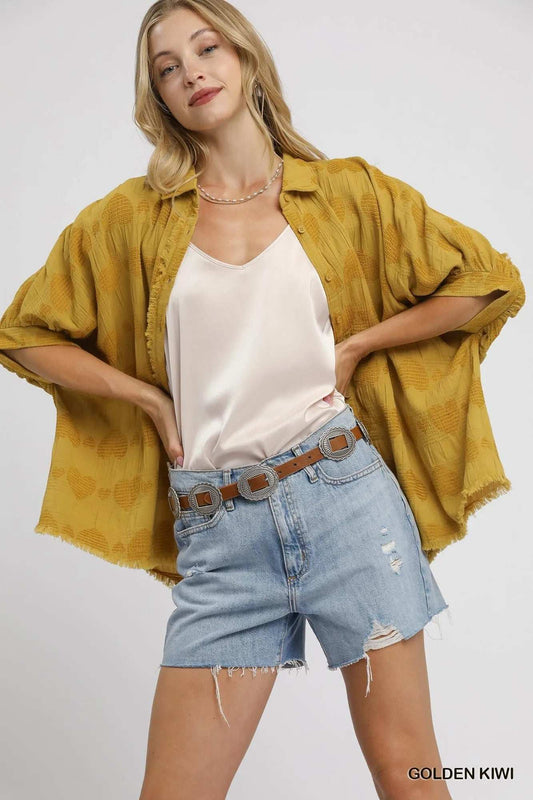 Umgee Jacquard Heart Collared Shirt - Trendsi - Flyclothing LLC