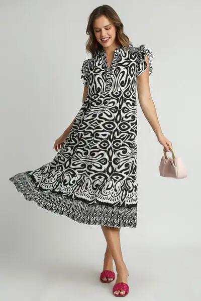 Umgee Full Size Two Tone Border Print Ruffle Cap Sleeve Midi Dress Plus Size - Trendsi - Flyclothing LLC