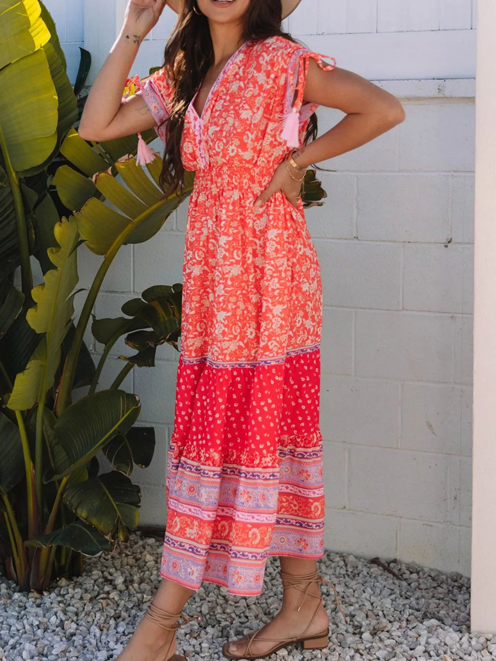 Floral Print Tasseled Tied Sleeve Empire Waist Dress - Trendsi - Flyclothing LLC