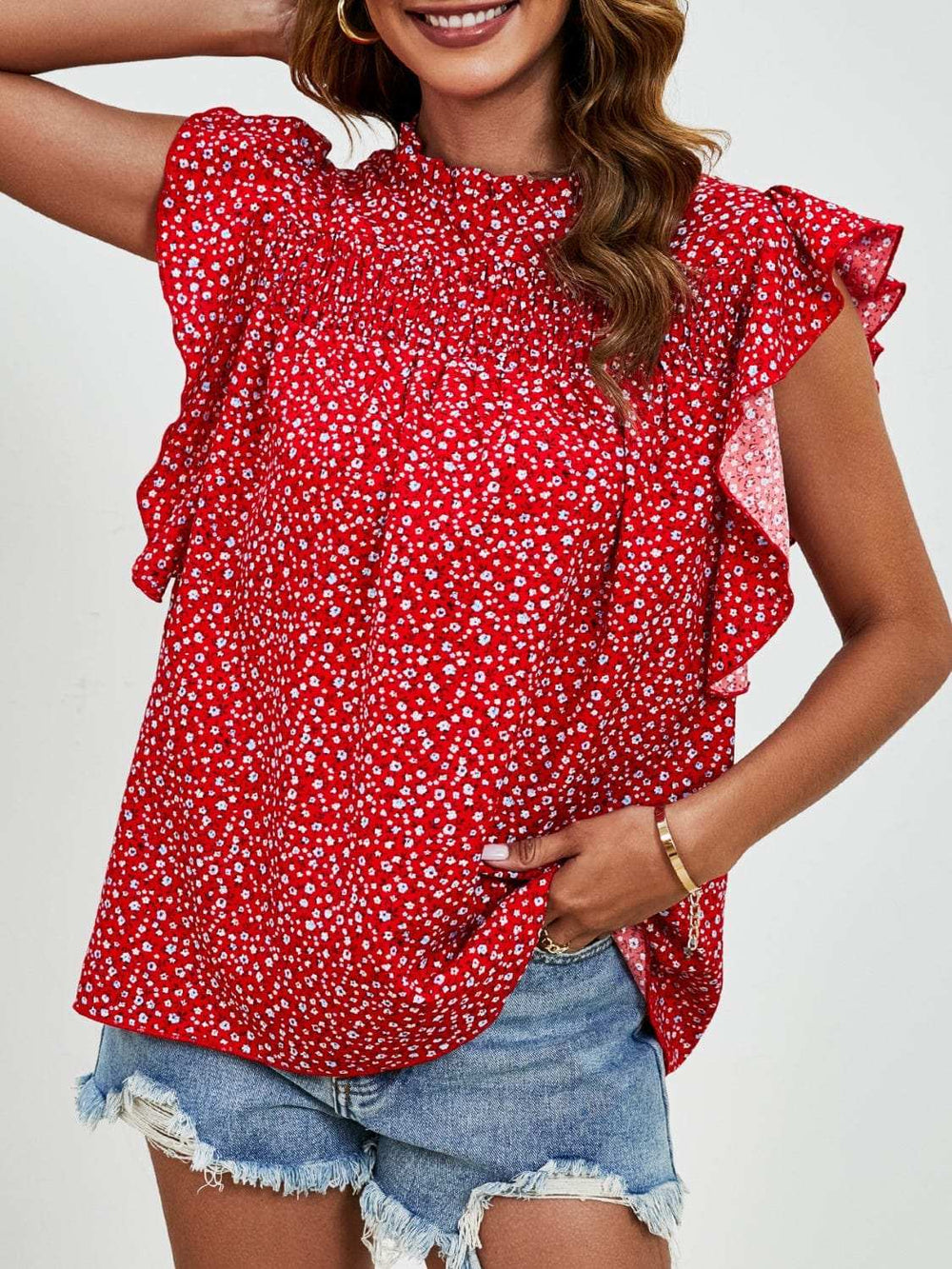 Ruffled Ditsy Floral Mock Neck Cap Sleeve Blouse - Trendsi - Flyclothing LLC