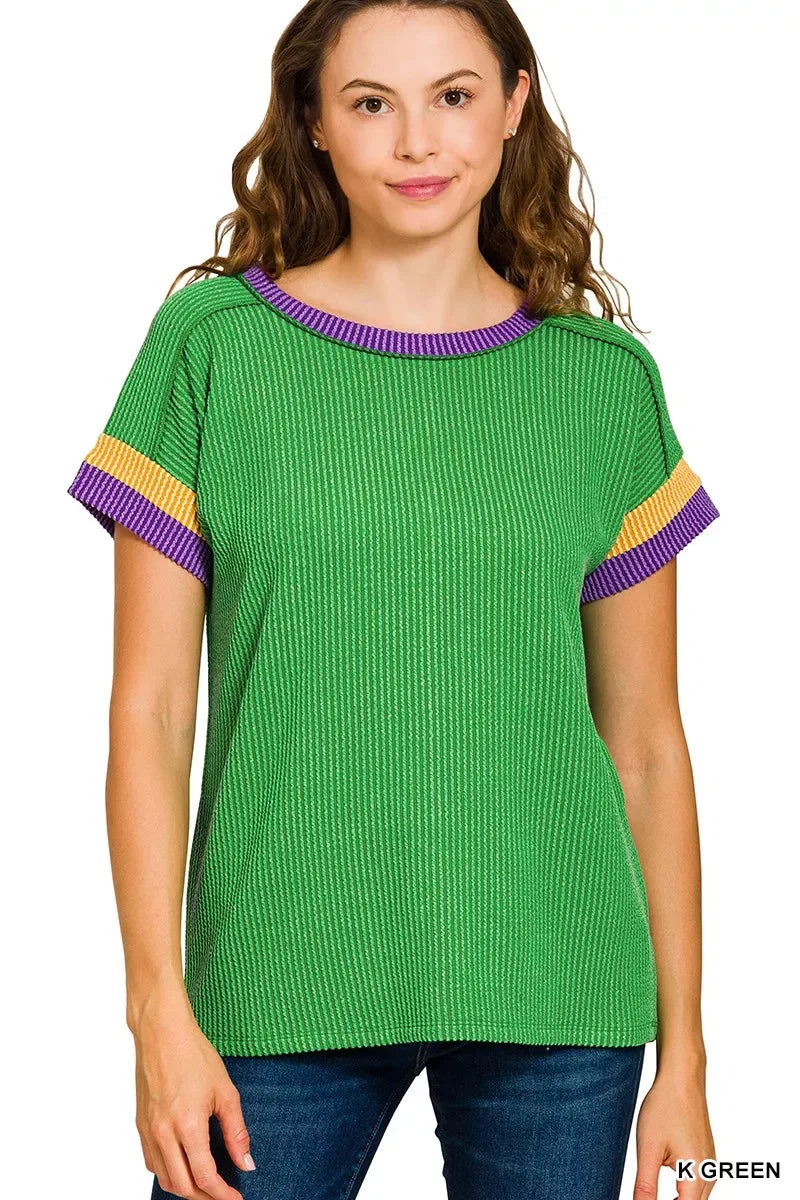 Zenana Mardi Gras Raised Rib Contrast Trim Top - Trendsi - Flyclothing LLC