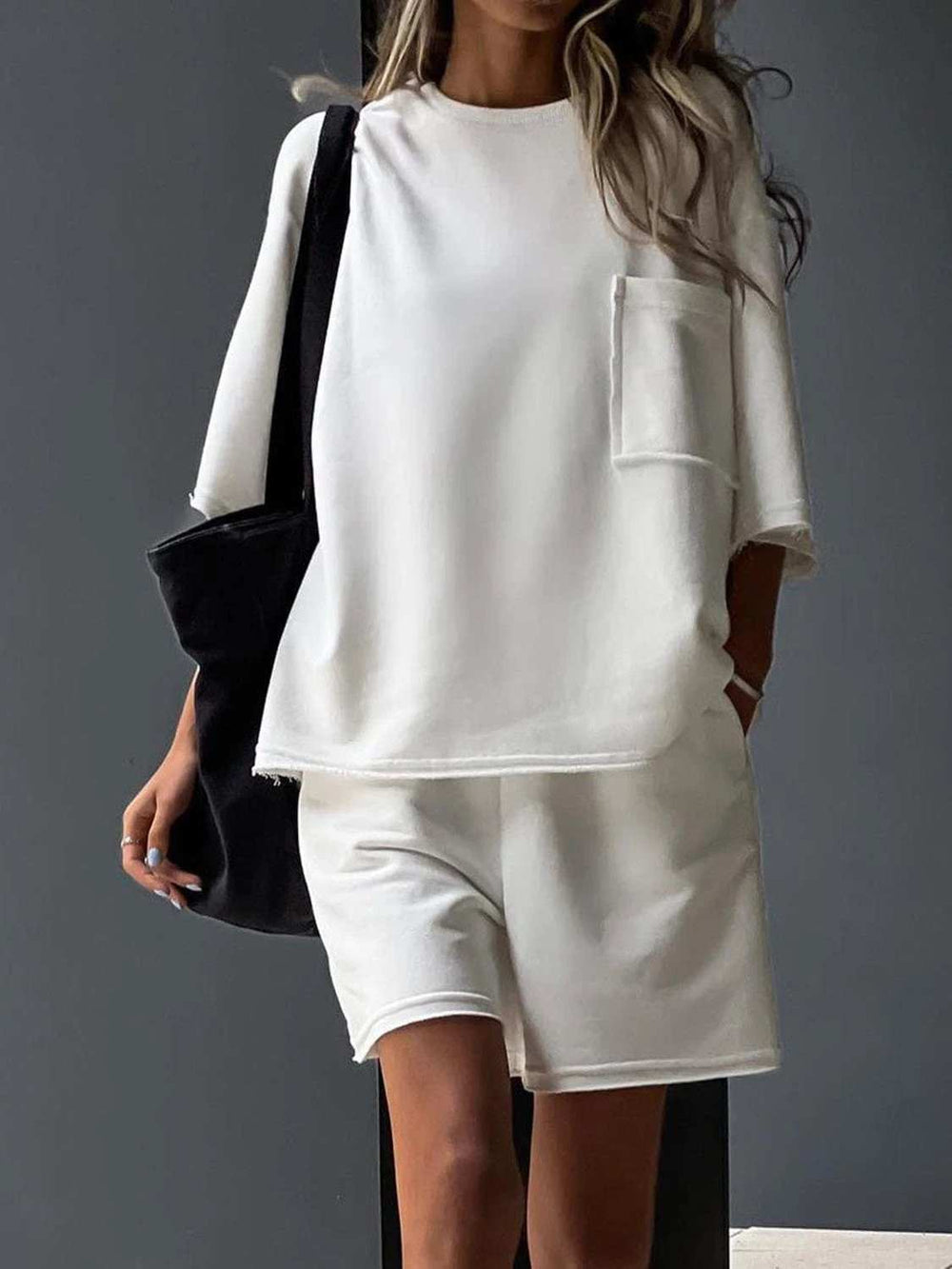 Pocketed Round Neck Half Sleeve Top and Shorts Set - Trendsi - Flyclothing LLC