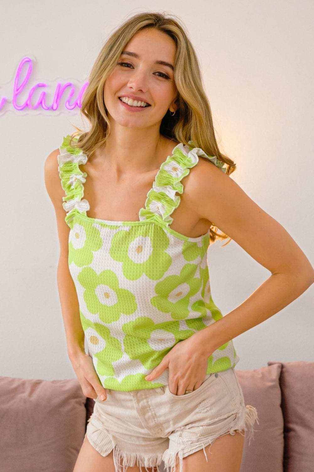 BiBi Floral Waffle Ruffled Tank - Trendsi - Flyclothing LLC