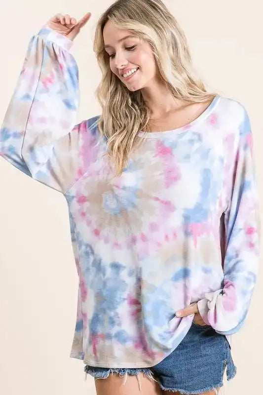BiBi Tie Dye Print Terry Top With Puff Sleeves - Trendsi - Flyclothing LLC